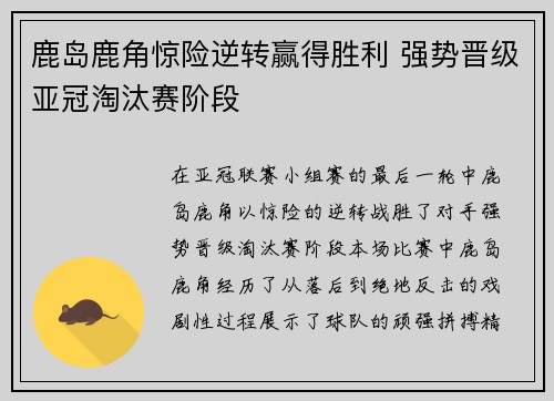 鹿岛鹿角惊险逆转赢得胜利 强势晋级亚冠淘汰赛阶段